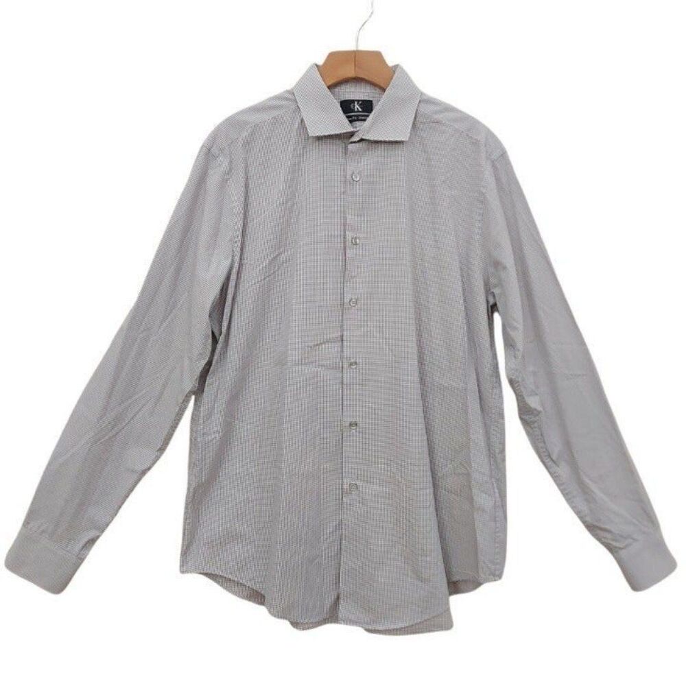 Calvin Klein Shirt Mens Large Light Gray Slim Fit Stretch Checked Casual Work